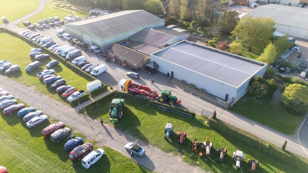 Aerial view of the Spalding Model Tractor Show venue and visitor car park at Springfields