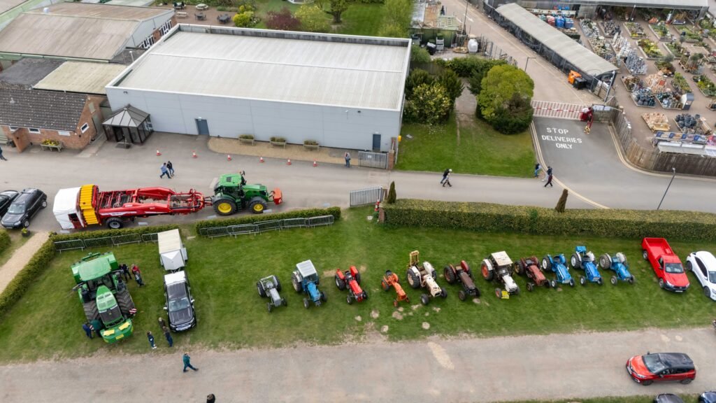 Aerial view of Springfields Conference & Events Centre, Spalding, with vintage tractors lined up outside