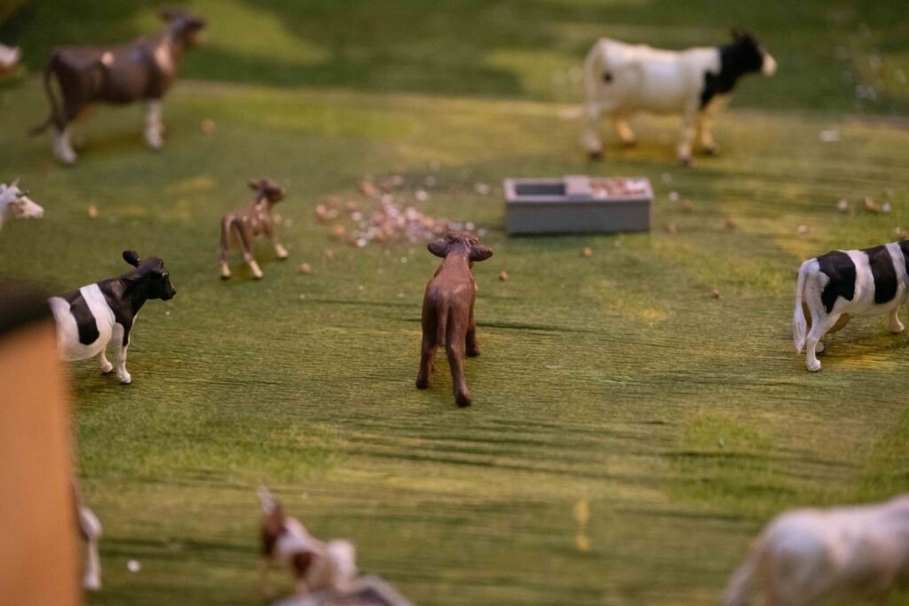1:32 scale model farm diorama with model cattle grazing in a grass field
