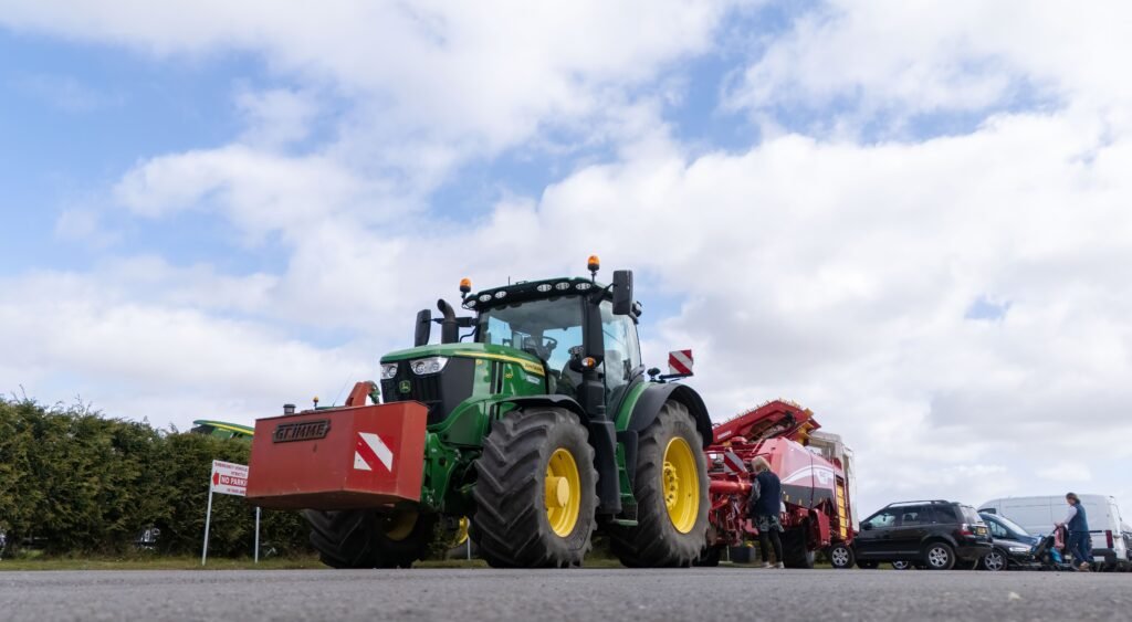 A full-size tractor parked outside the show at Springfields