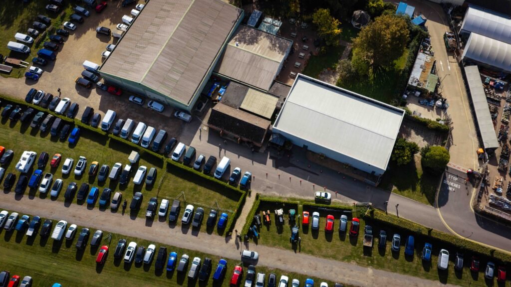 Aerial view of the Springfields exhibition halls and visitor parking, Spalding