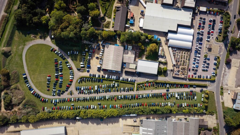 Aerial view of Springfields, Spalding, with the car park full on Spalding Model Tractor Show day