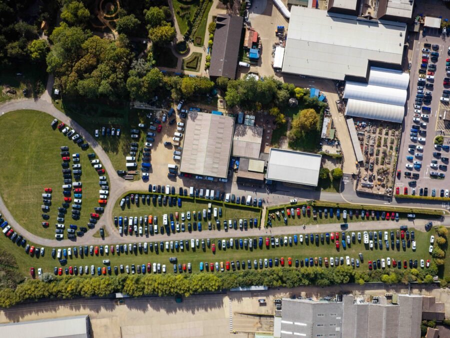 Aerial view of Springfields, Spalding, with the car park full on Spalding Model Tractor Show day