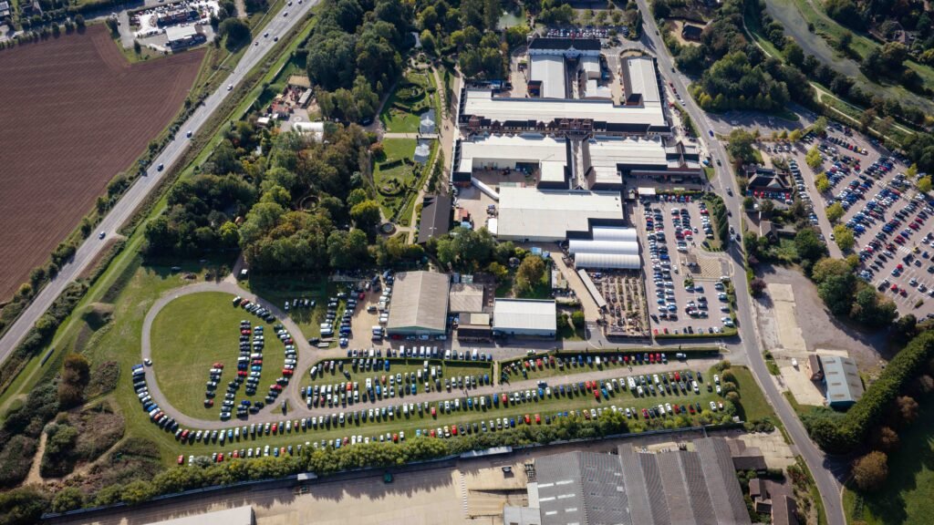Aerial view of the Spalding Model Tractor Show site and packed visitor car park at Springfields