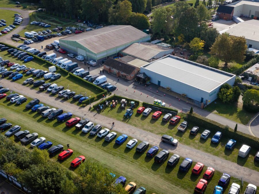 An aerial view of the car park and halls at Springfields