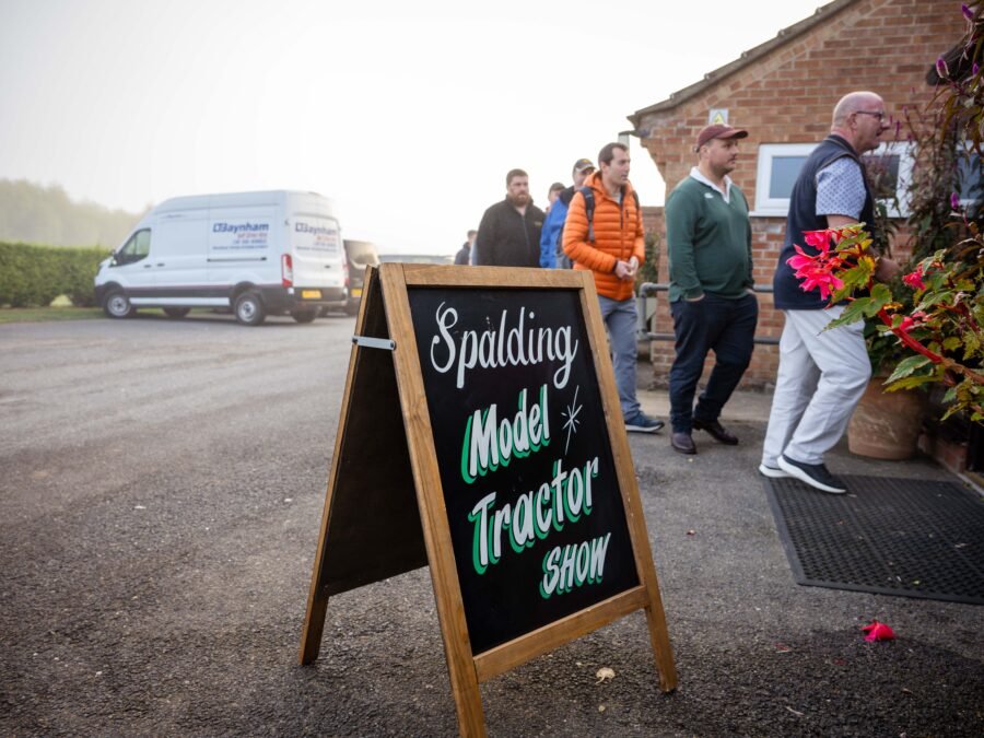 Chalkboard sign at the entrance to the Spalding Model Tractor Show as visitors arrive